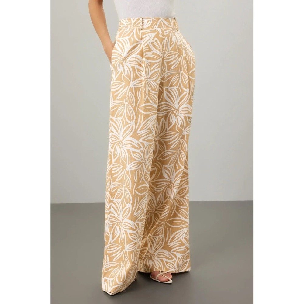 Toccin Printed Linen Pants Wideโ Leg Mustard Yellow Floral Trousers Sz 8